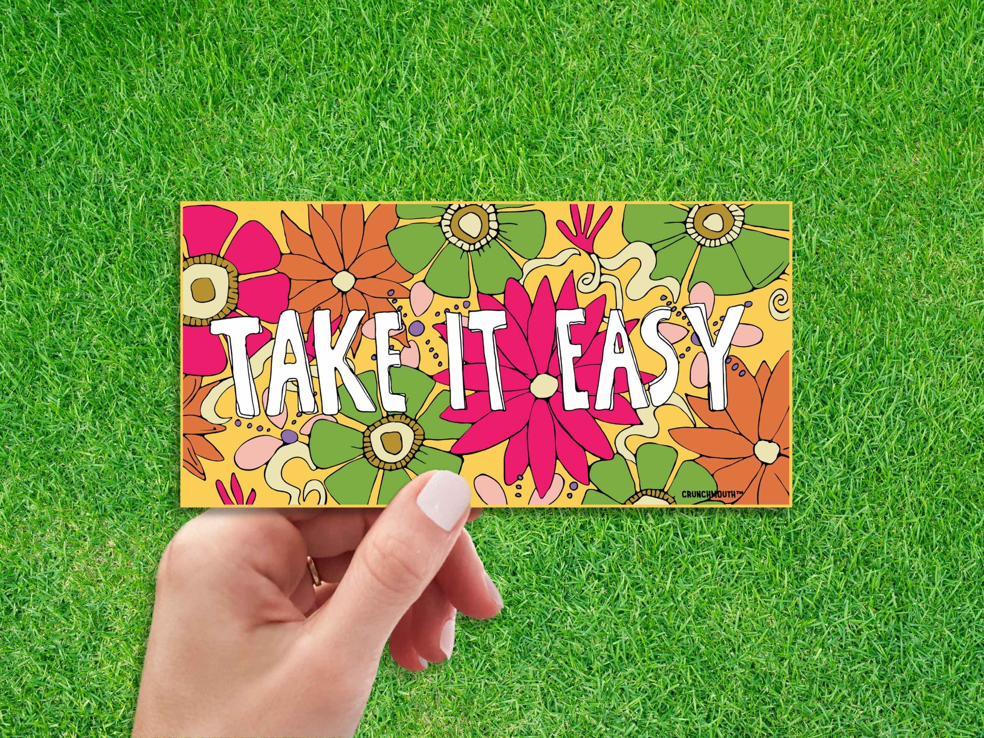 take it easy bumper sticker, hand display, green grass background