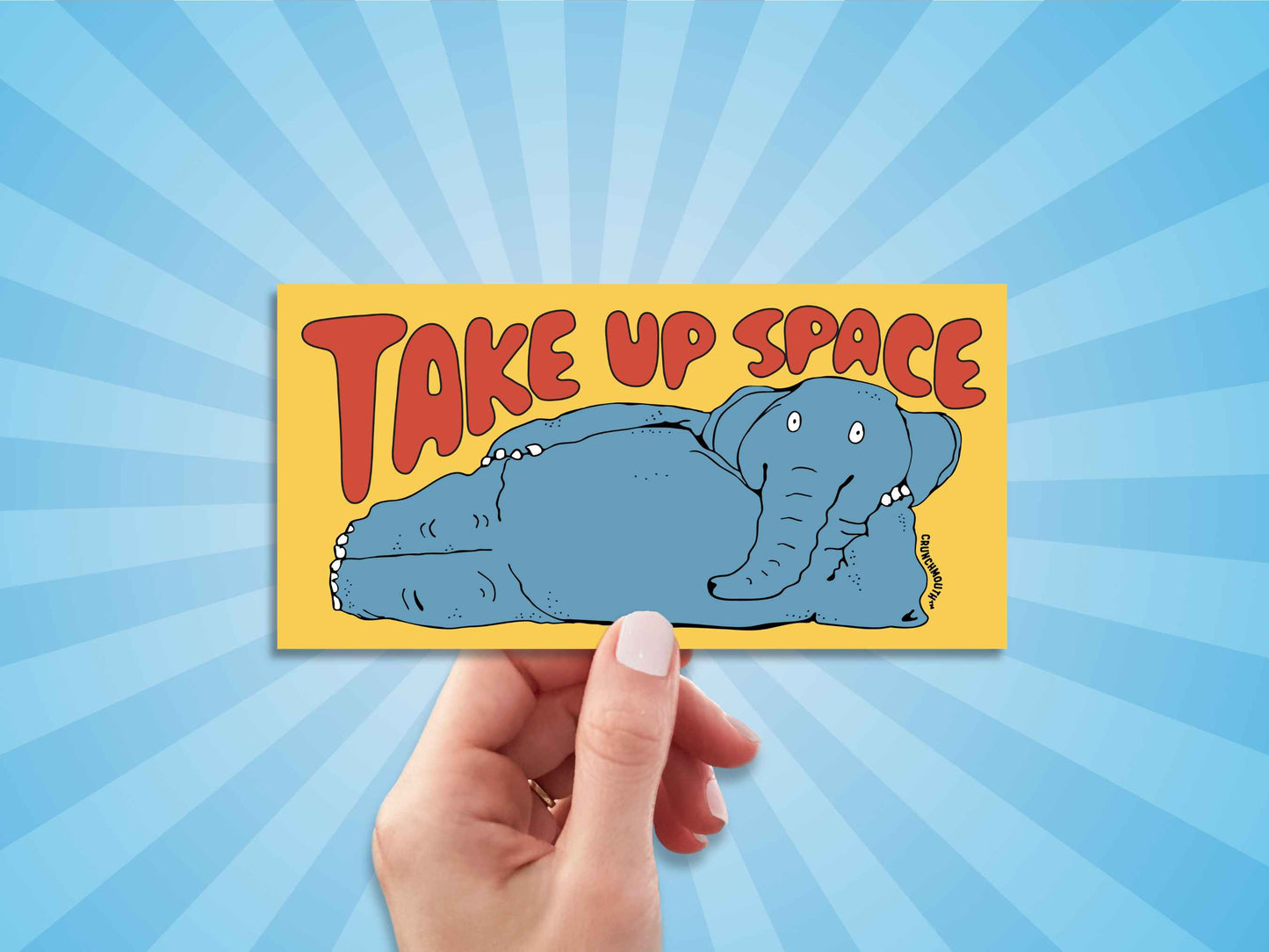take up space elephant bumper sticker, hand display, sun rays pattern background