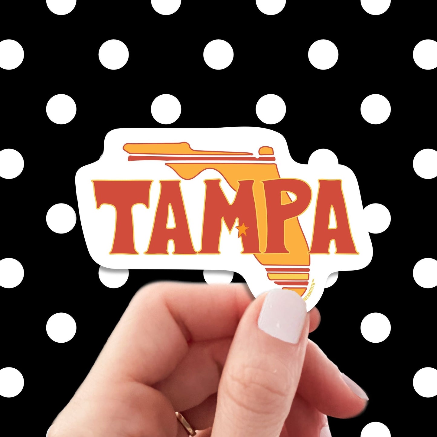 tampa florida travel luggage sticker, hand display, polka dots pattern design background