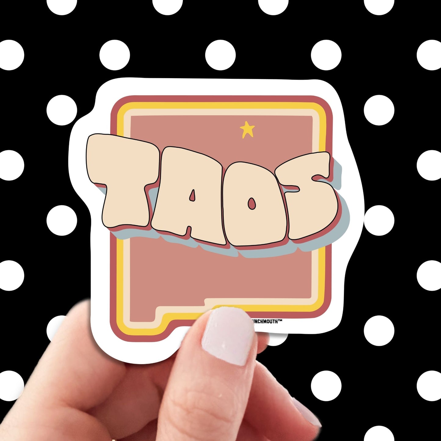 taos new mexico travel luggage sticker, hand display, polka dots pattern design background