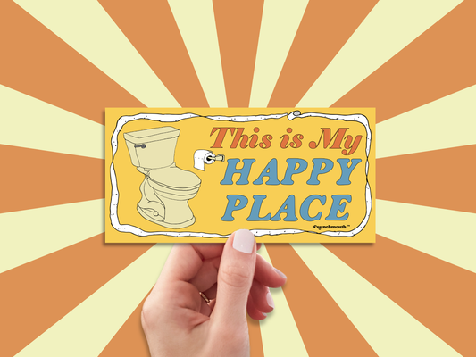 the bathroom is my happy place bumper sticker, hand display, sun rays design background