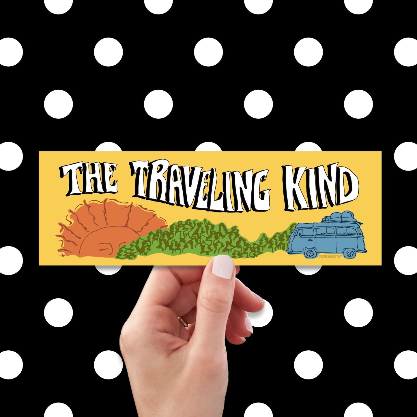 the traveling kind bumper sticker, hand display, polka dots pattern design background