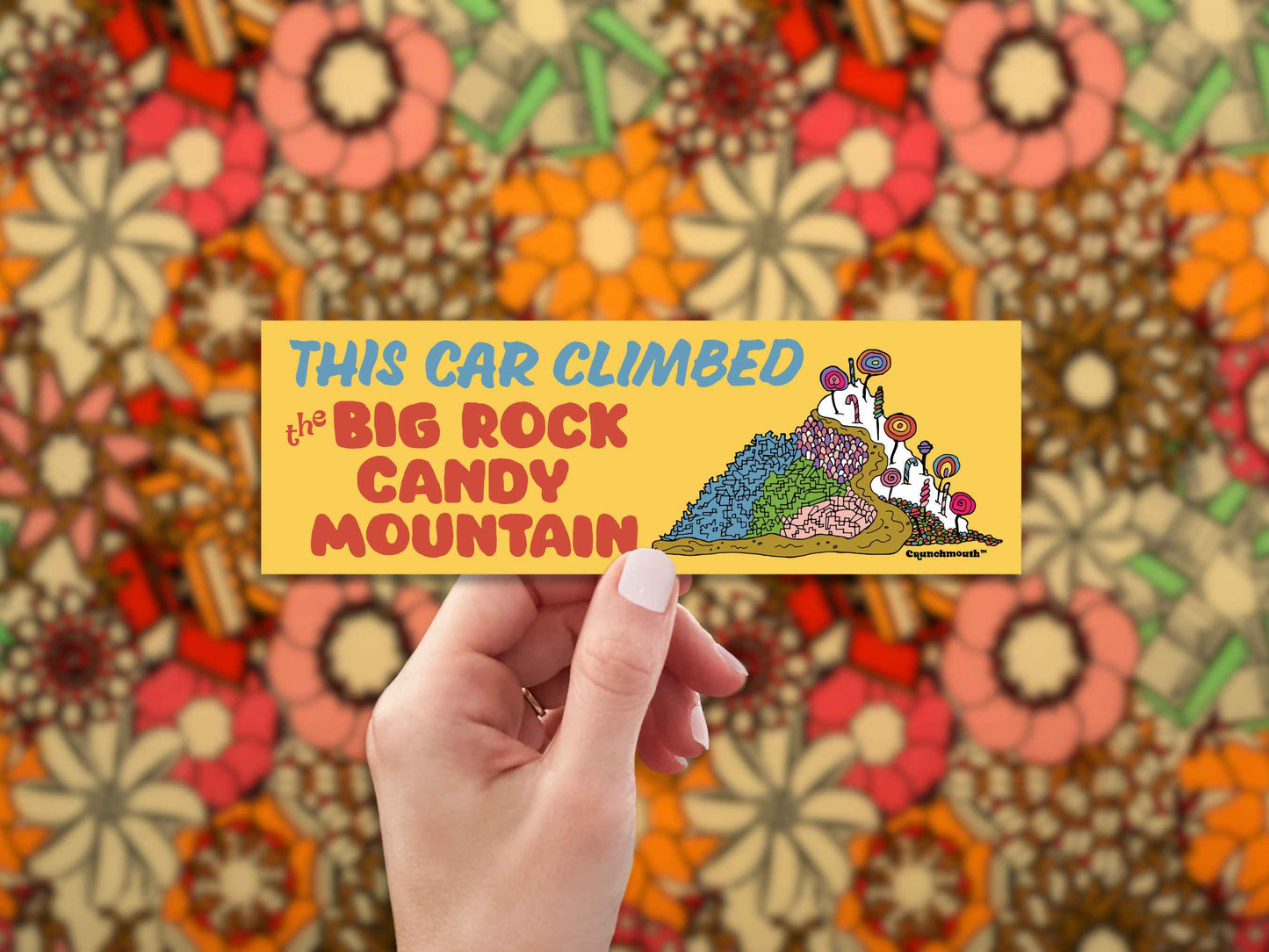 this car climbed the big rock candy mountain bumper sticker, hand display, 1960s floral pattern fabric background