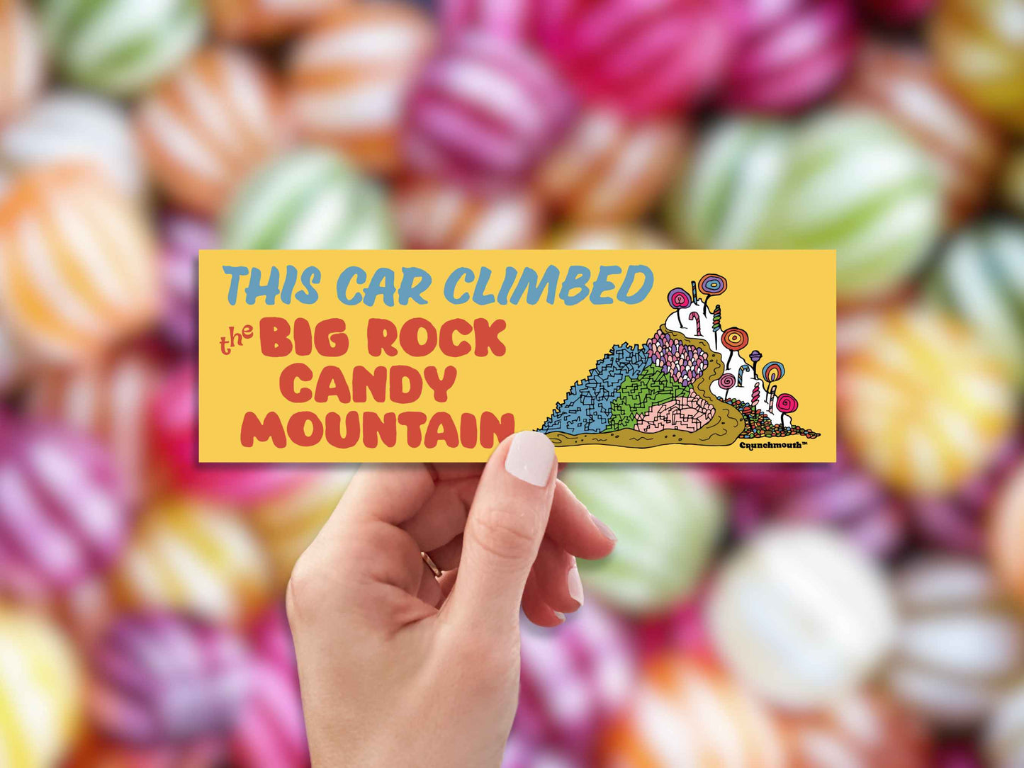 this car climbed the big rock candy mountain, hand display, candy background