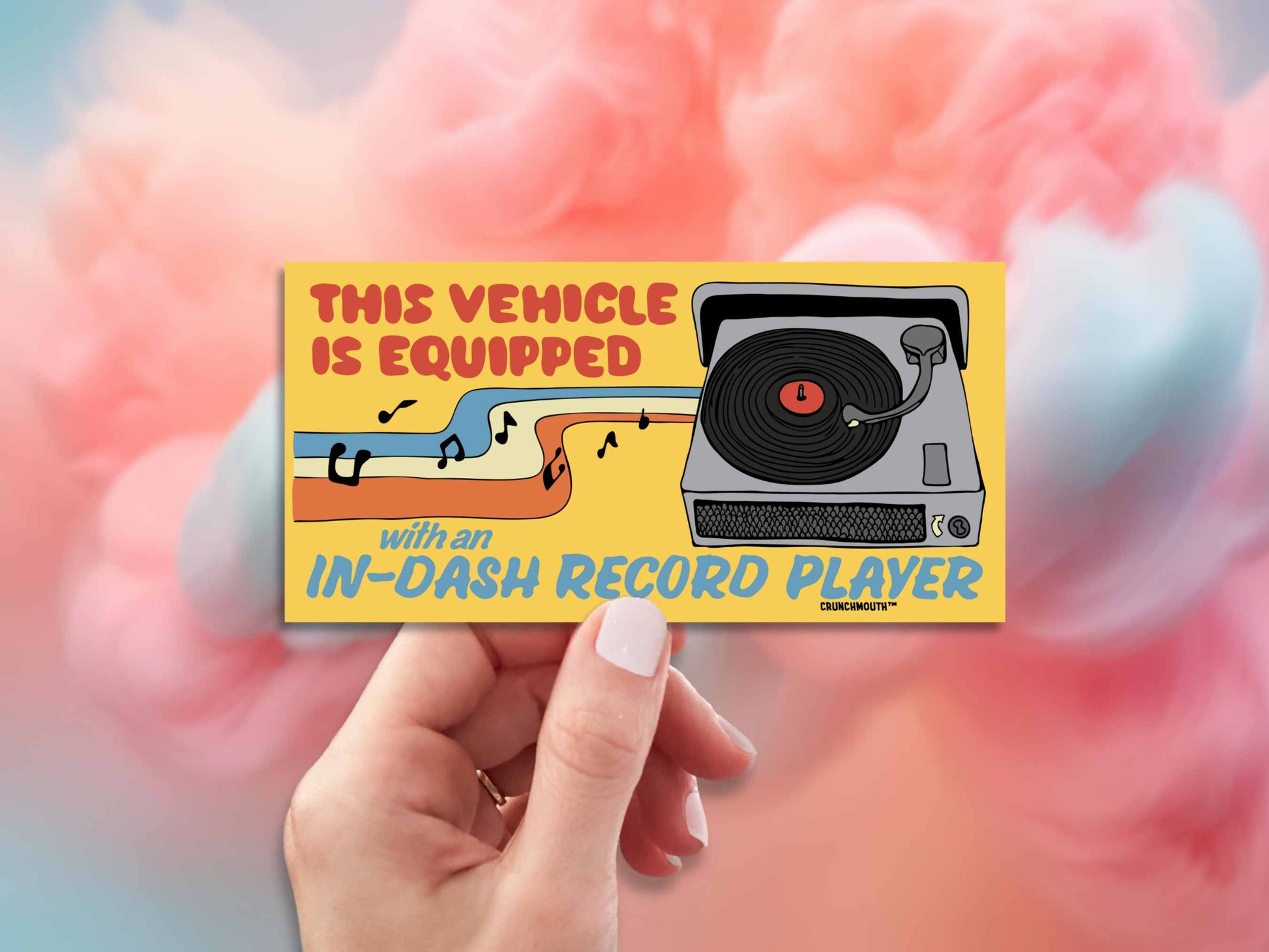 vinyl record lover, funny bumper sticker, hand display, cotton candy clouds background