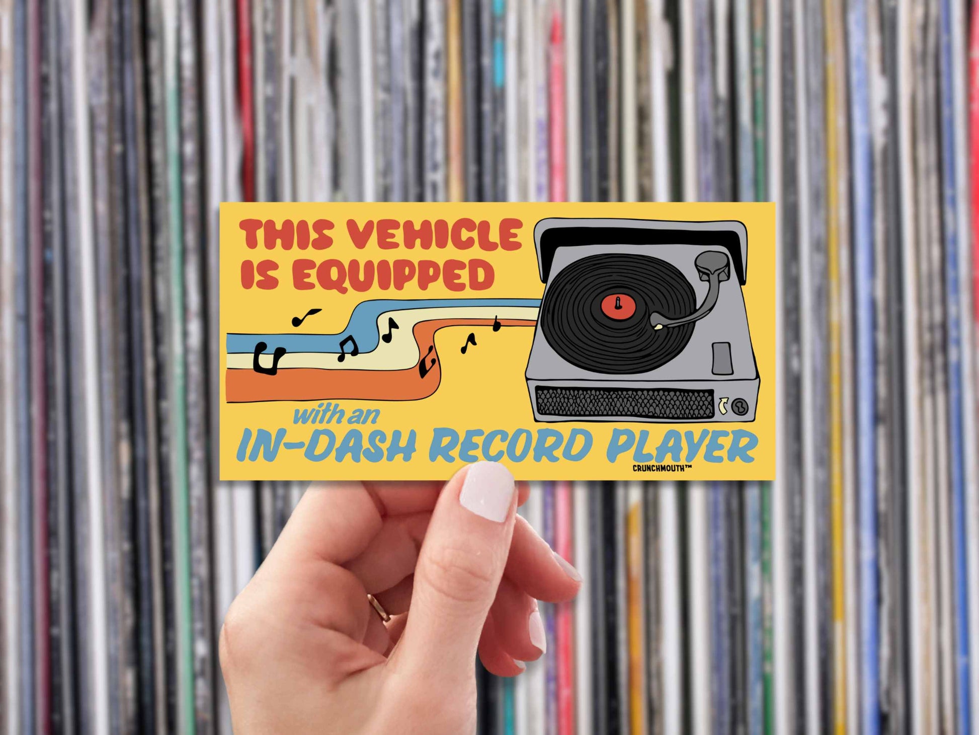 vinyl record lover, funny bumper sticker, hand display, vinyl record collection background