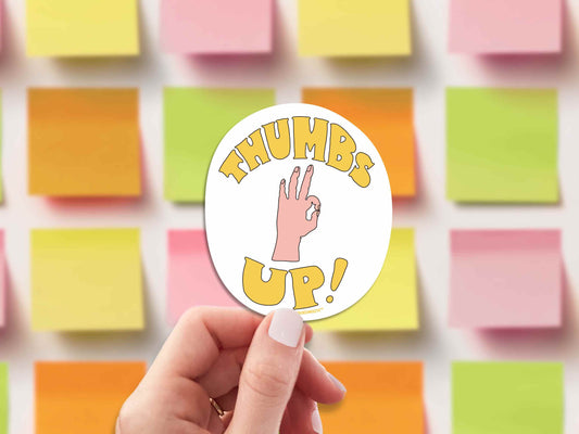 thumbs up sarcastic motivational sticker, hand display, sticky notes background