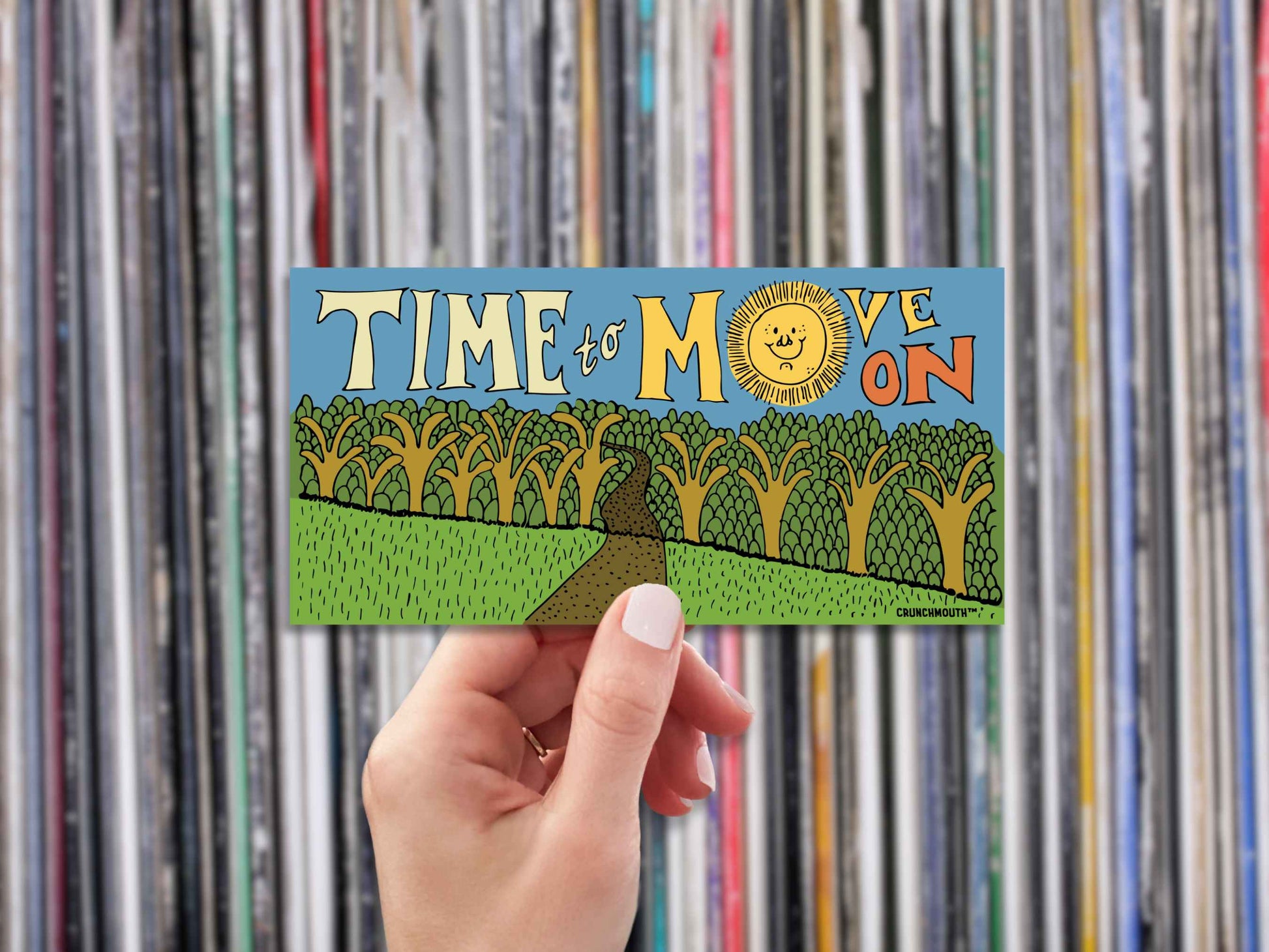 time to move on bumper sticker, hand display, vinyl record collection background