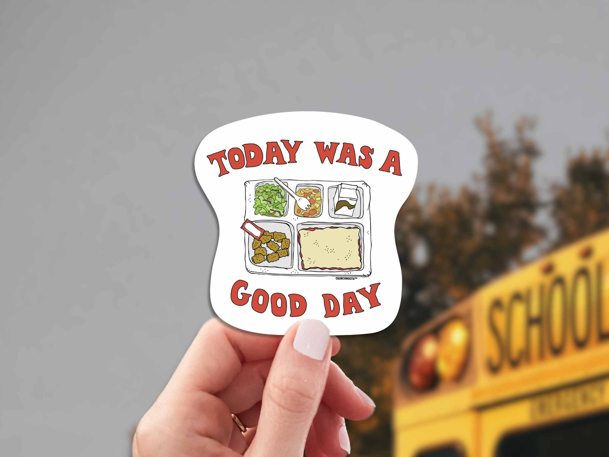 school lunch sticker, today was a good day, hand display, school bus background