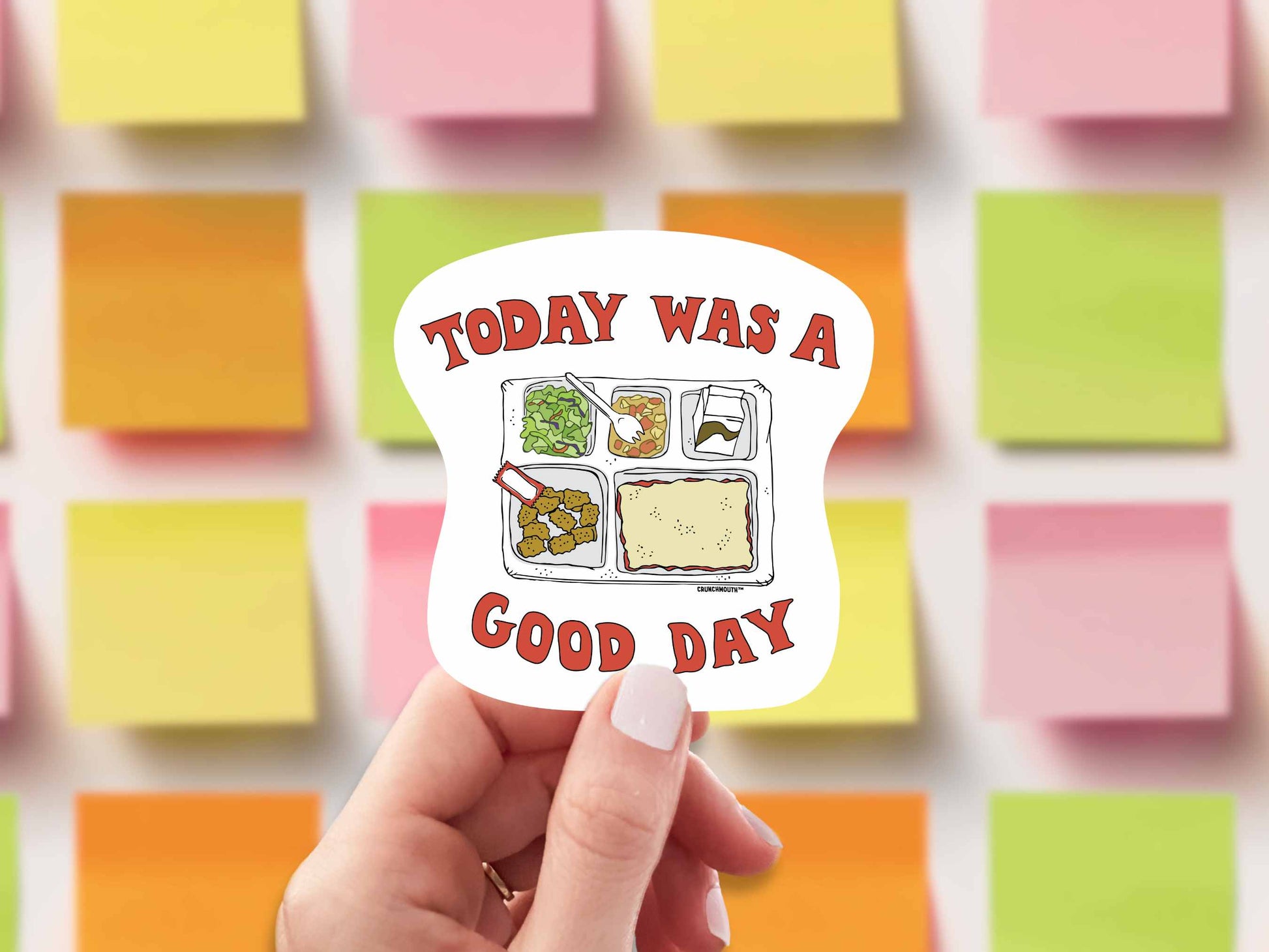 school lunch sticker, today was a good day, hand display, sticky notes background