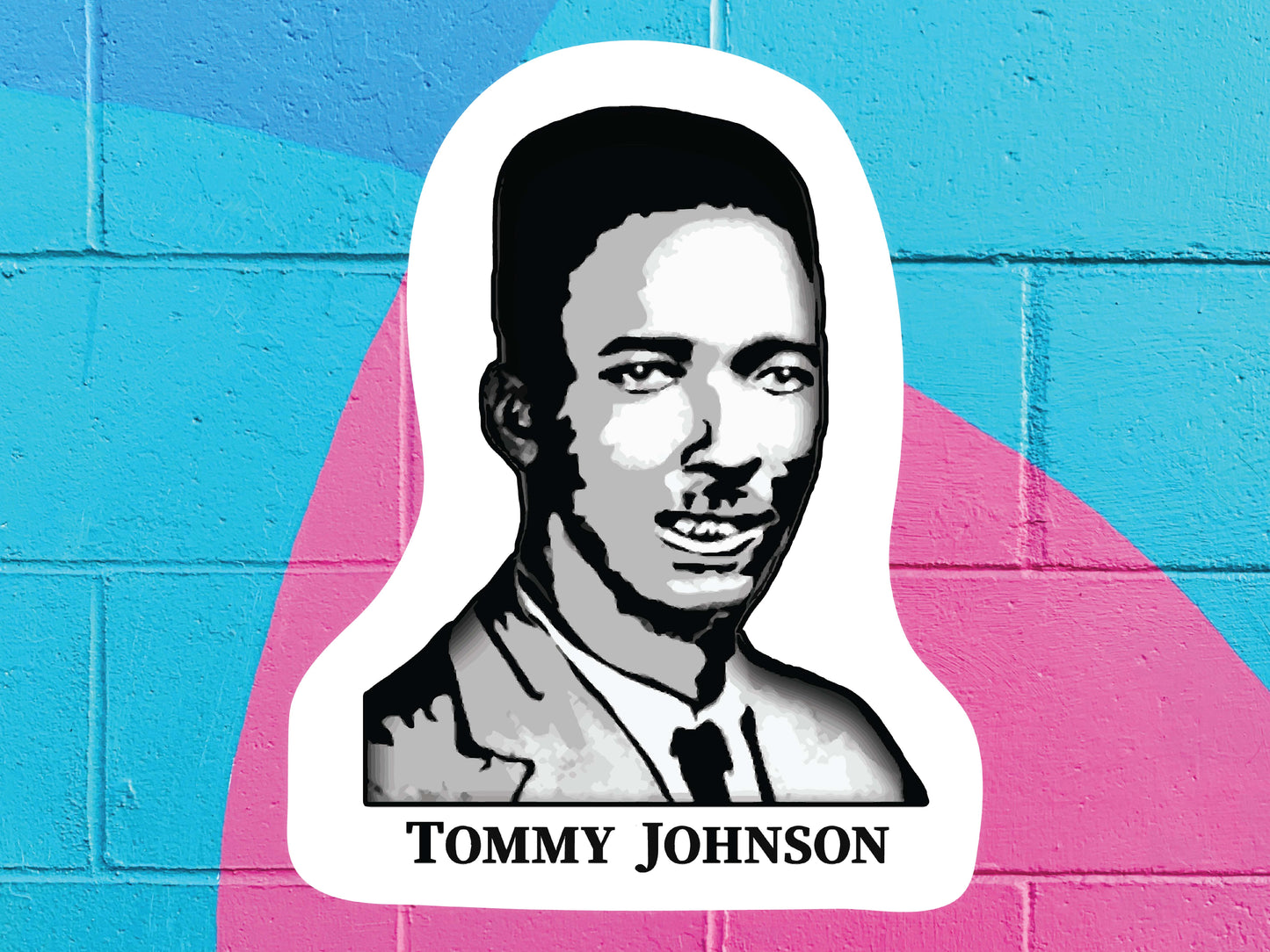 tommy johnson vinyl sticker, colorful cinder block wall background