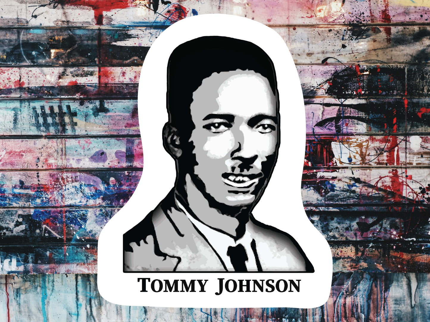 tommy johnson vinyl sticker, graffiti wall background