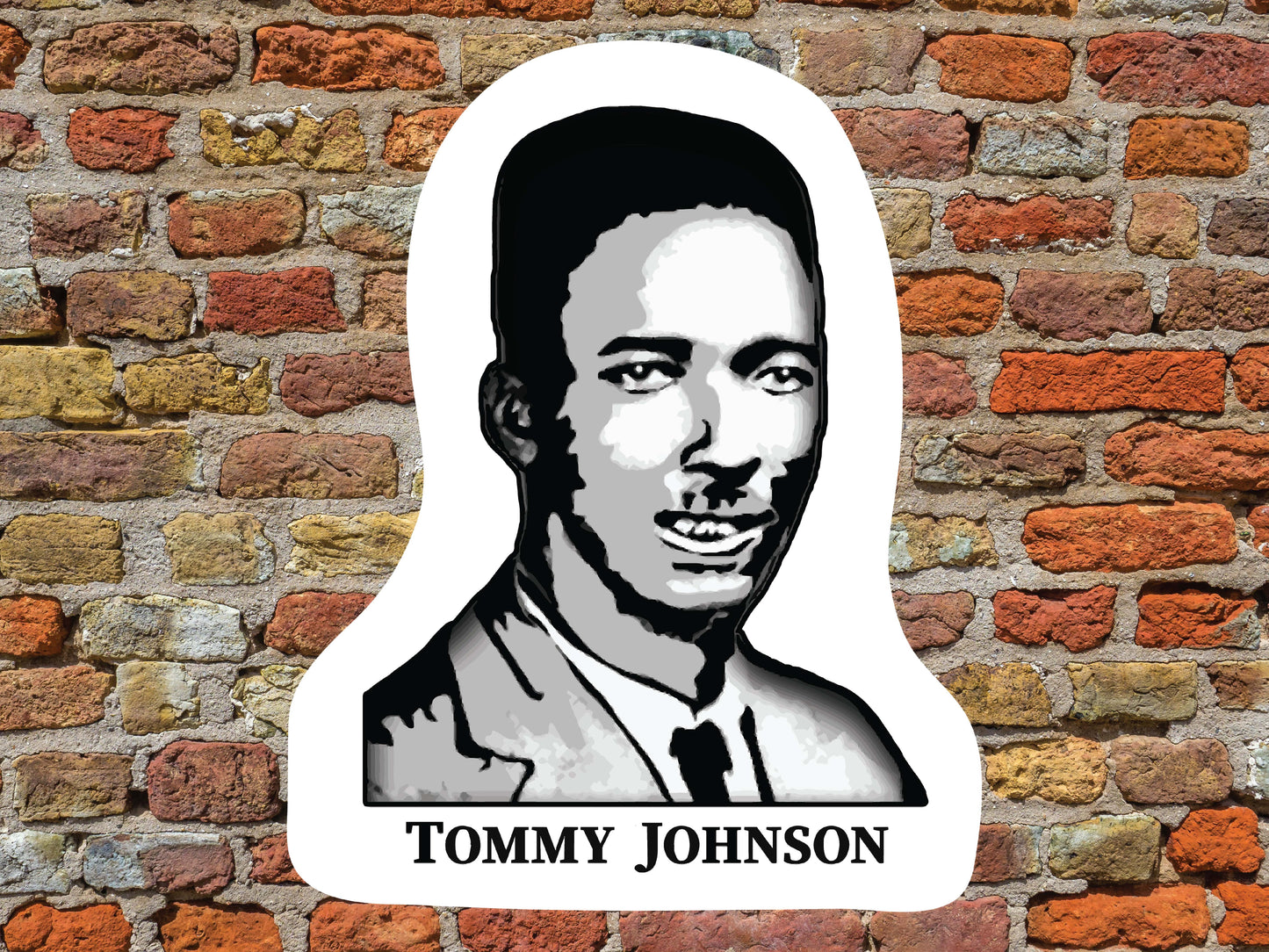 tommy johnson vinyl sticker, red brick wall background