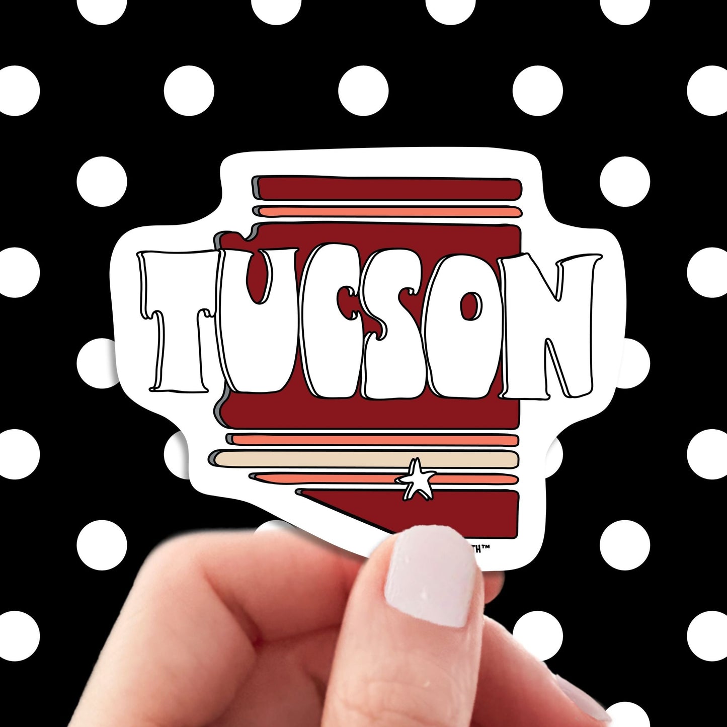 tucson travel luggage sticker, hand display, polka dots pattern design background