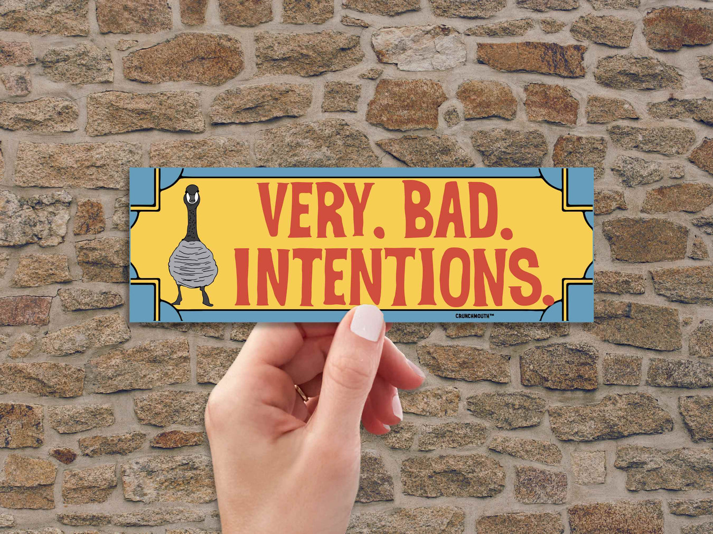 very bad intentions canada goose bumper sticker, funny bumper stickers, hand display, brick wall background