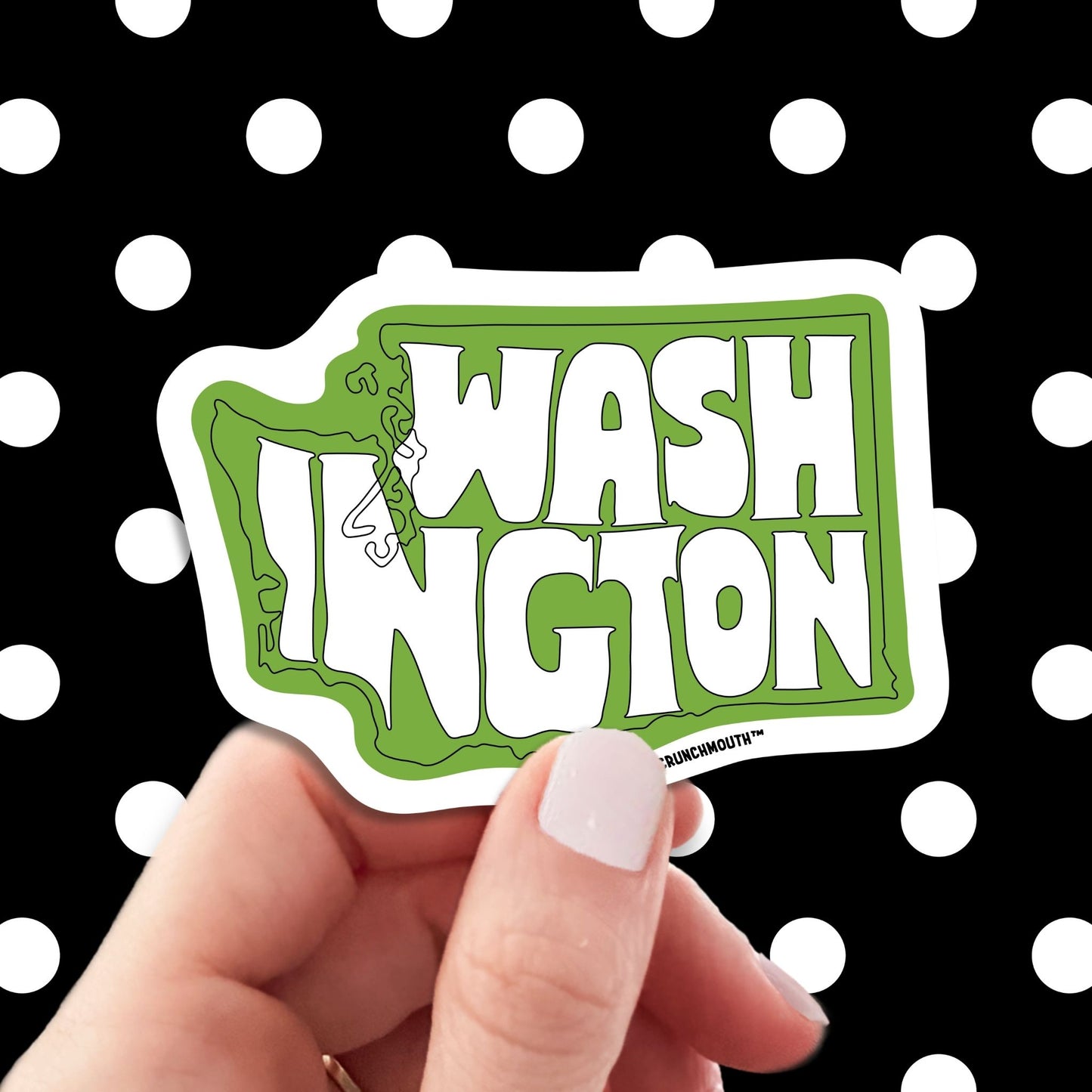 Washington state travel luggage sticker, hand display, polka dots pattern design background