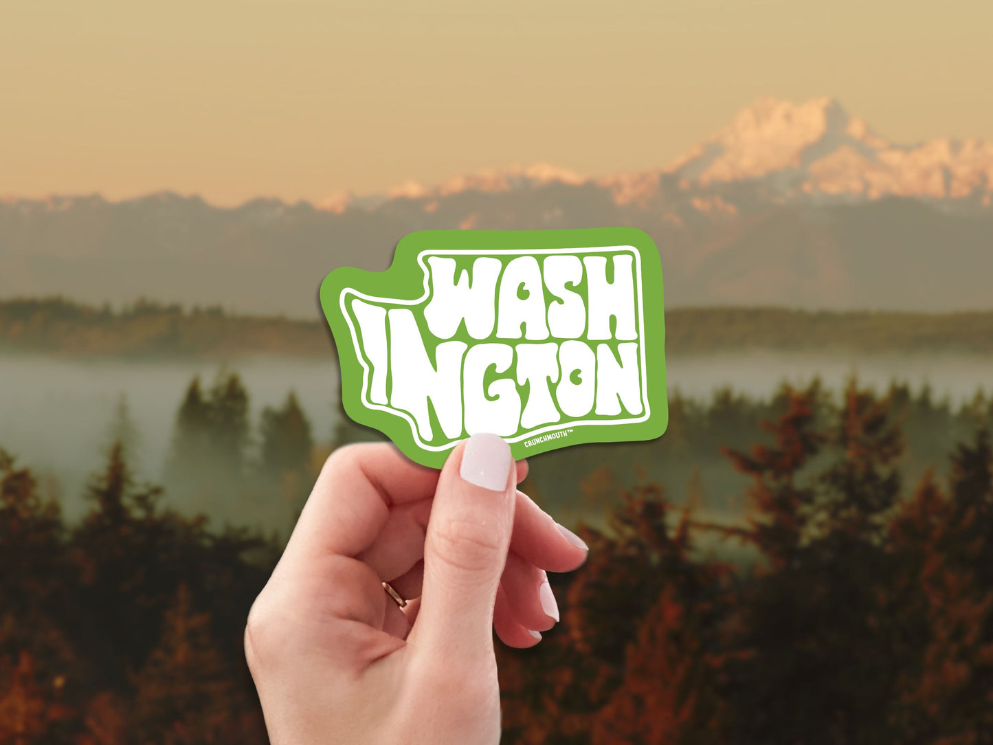 washington state travel luggage sticker, hand display, mountain skyline background