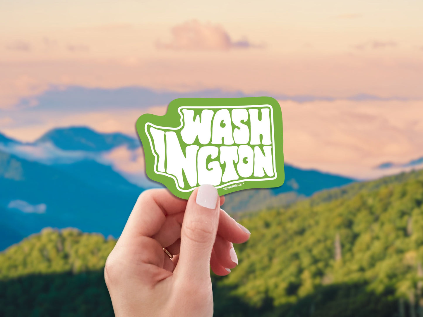washington state travel luggage sticker, hand display, green mountain background