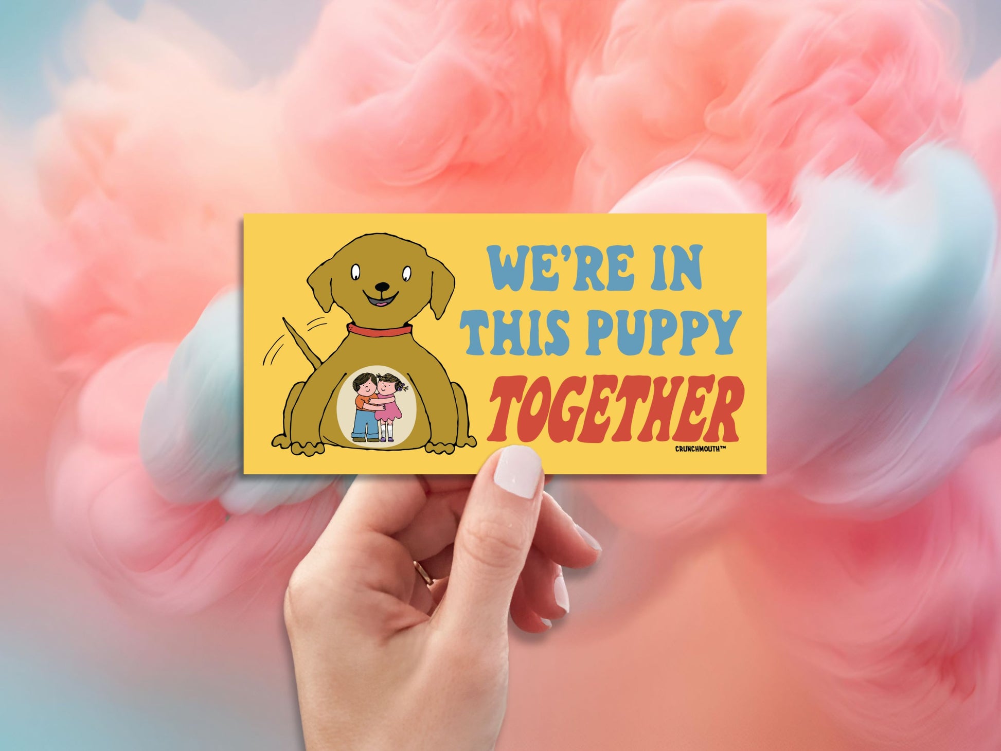 we're in this puppy together bumper sticker, hand display, cotton candy clouds background
