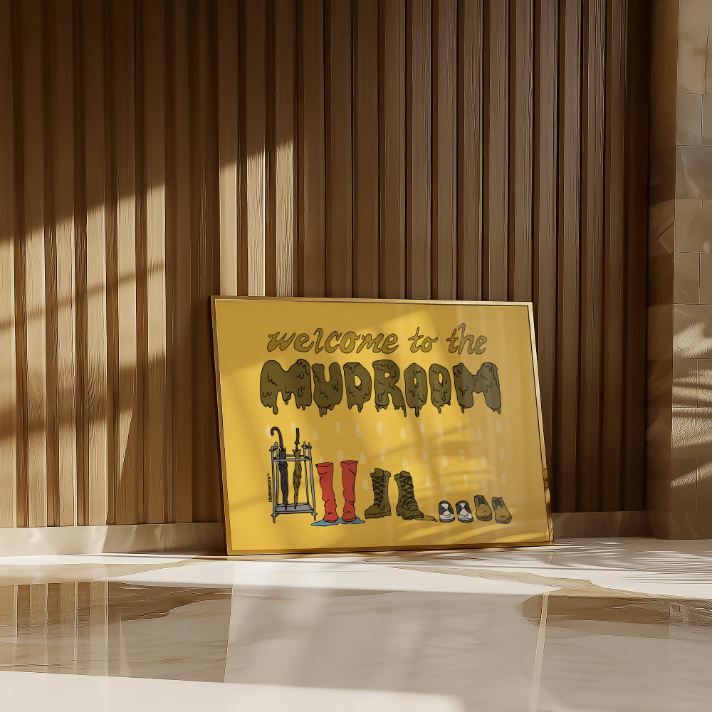 welcome to the mudroom wall art, framed, displayed in context