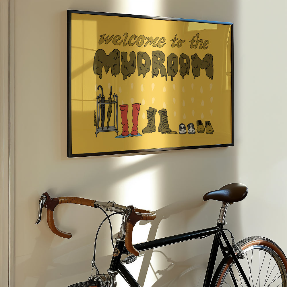 welcome to the mudroom wall art, framed, displayed in context