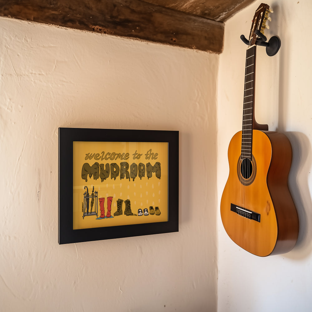 welcome to the mudroom wall art, framed, displayed in context