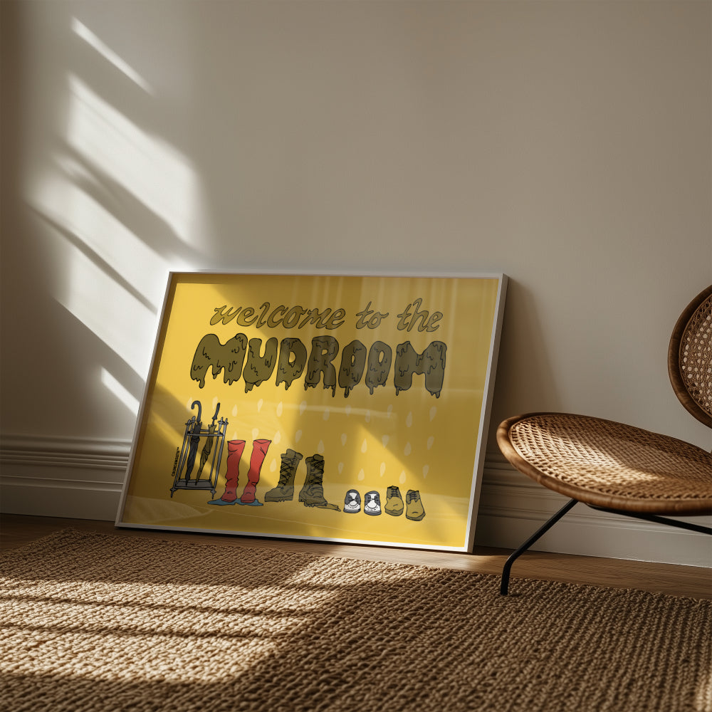 welcome to the mudroom wall art, framed, displayed in context