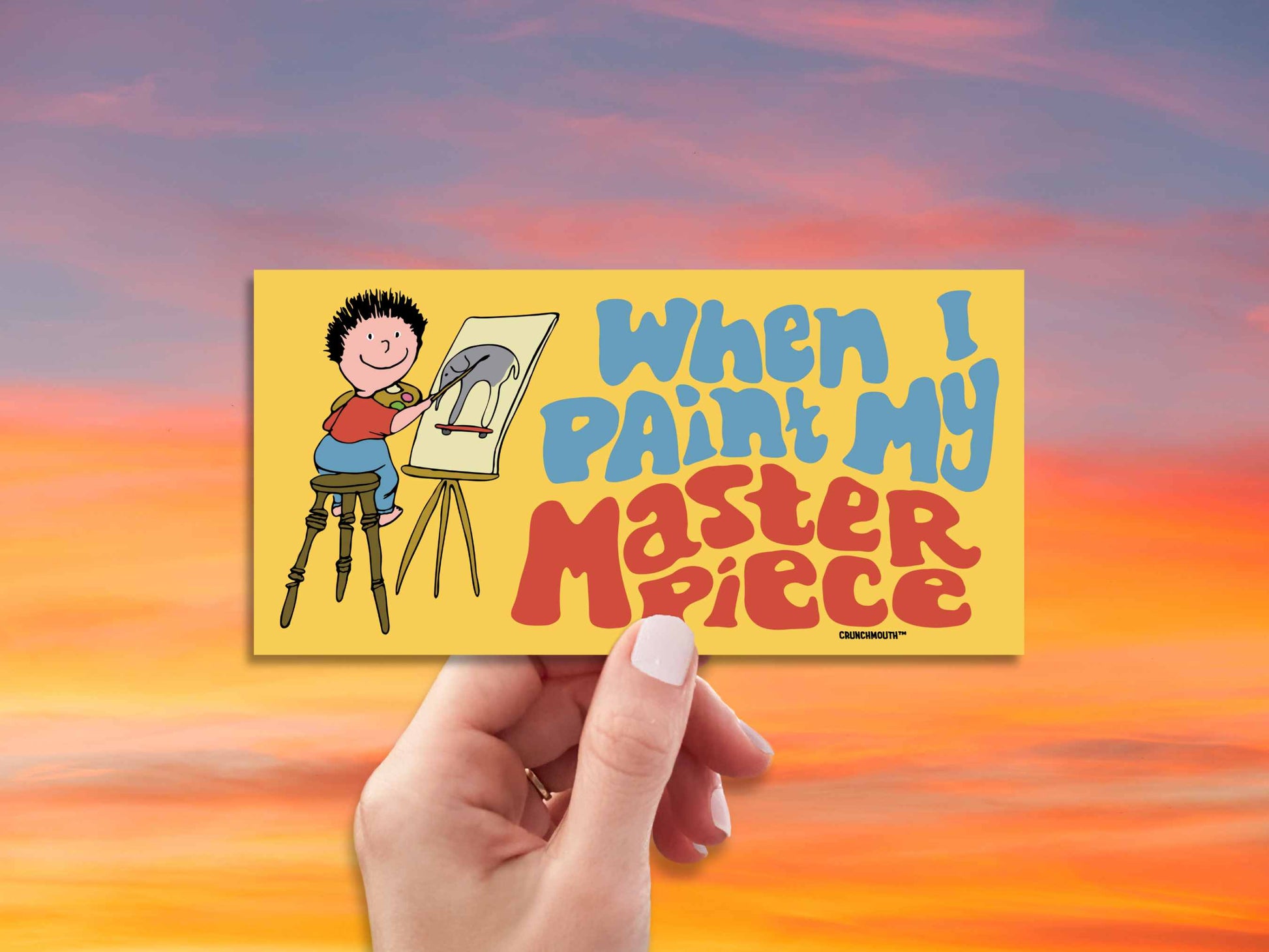 when i paint my masterpiece bumper sticker, hand display, red sky background