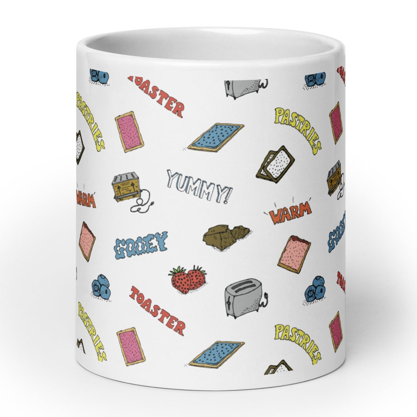 toaster pastries coffee mug featuring pop tarts, chocolate, strawberries, blueberries original cartoon art, angle 3
