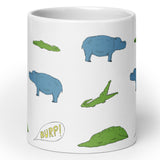 alligator eating hippo coffee mug, angle 2