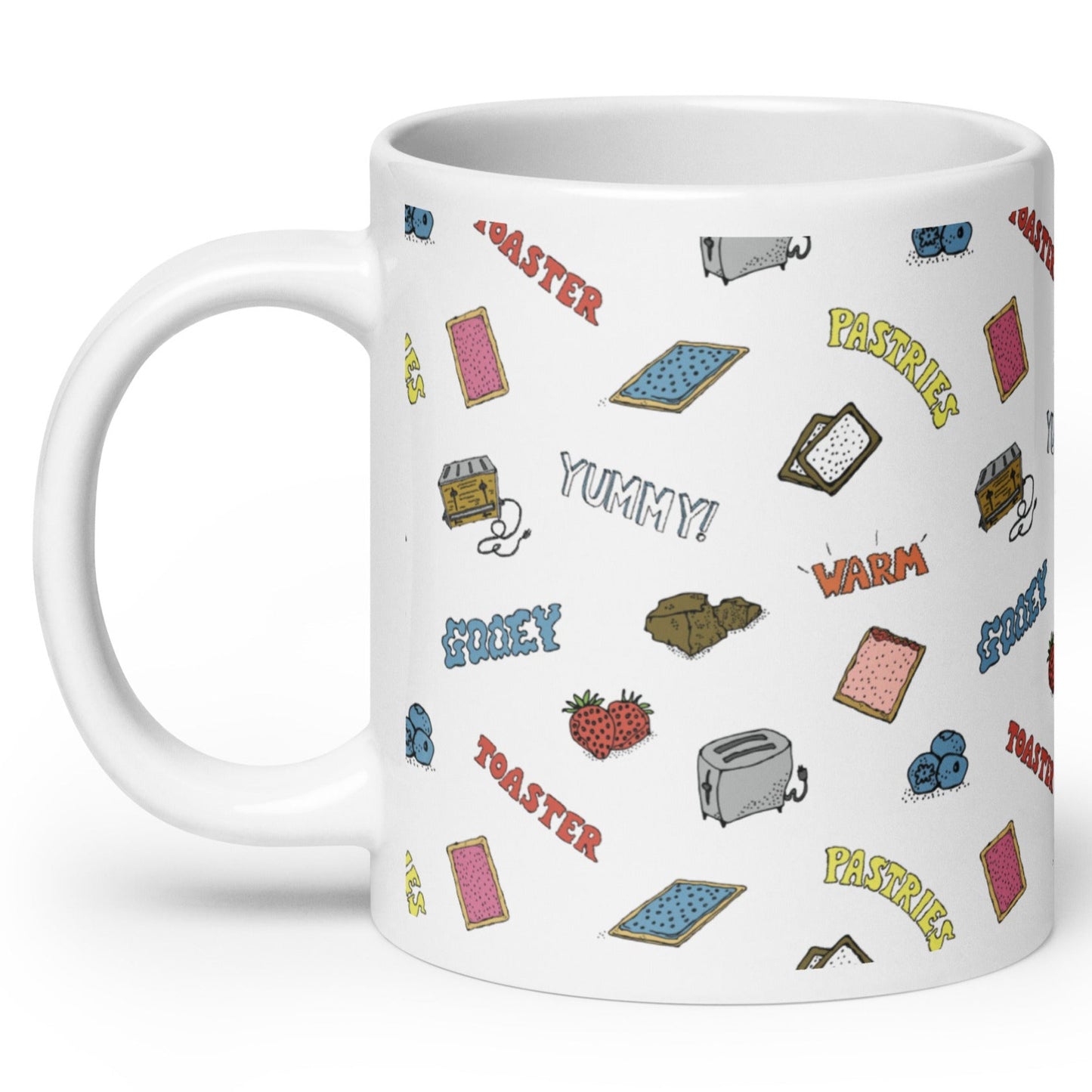 toaster pastries coffee mug featuring pop tarts, chocolate, strawberries, blueberries original cartoon art, angle 2