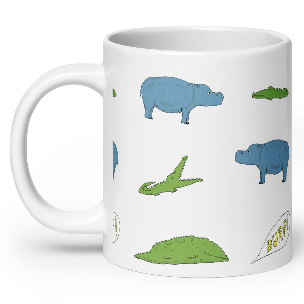 alligator eating hippo coffee mug, angle 1