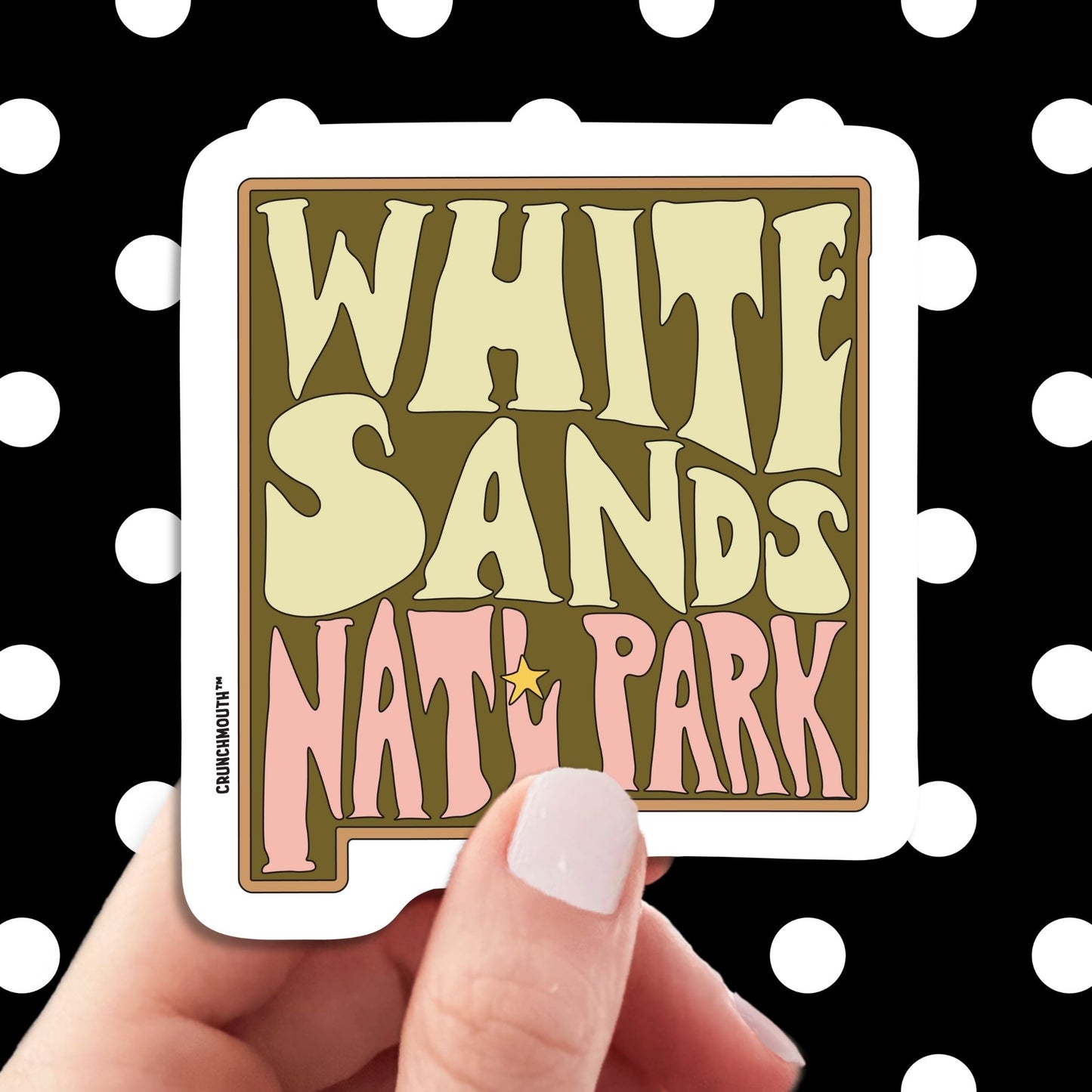 white sands national park travel luggage sticker, hand display, polka dots pattern design background