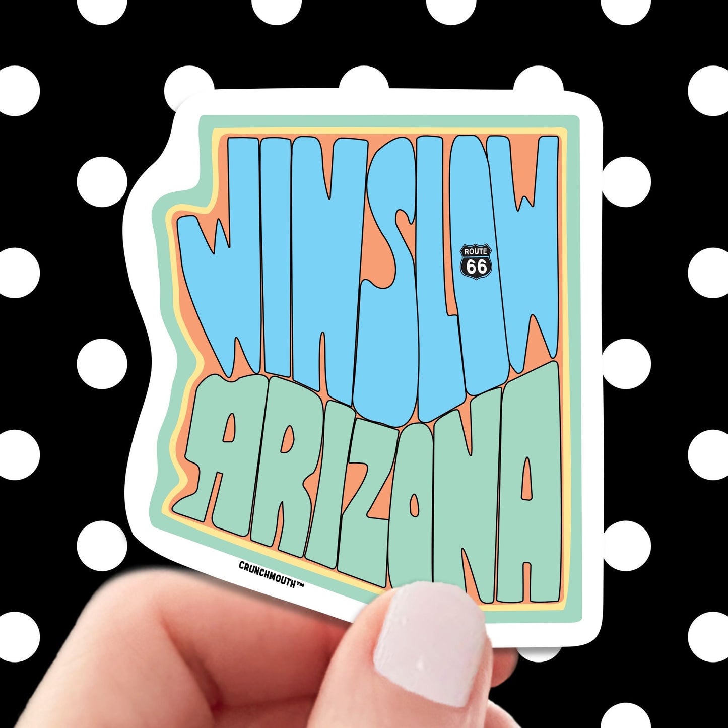 winslow Arizona travel luggage sticker, hand display, polka dots pattern design background