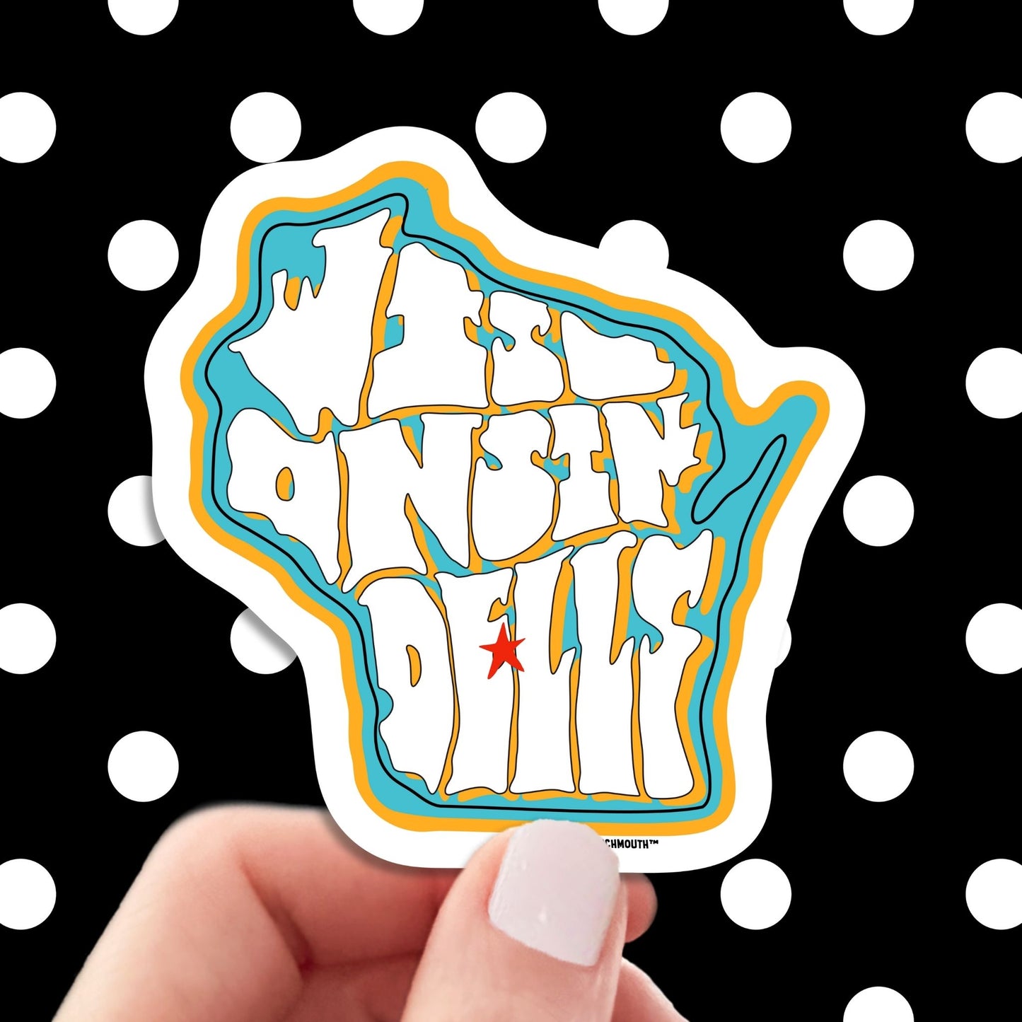 Wisconsin dells travel luggage sticker, hand display, polka dots pattern design background