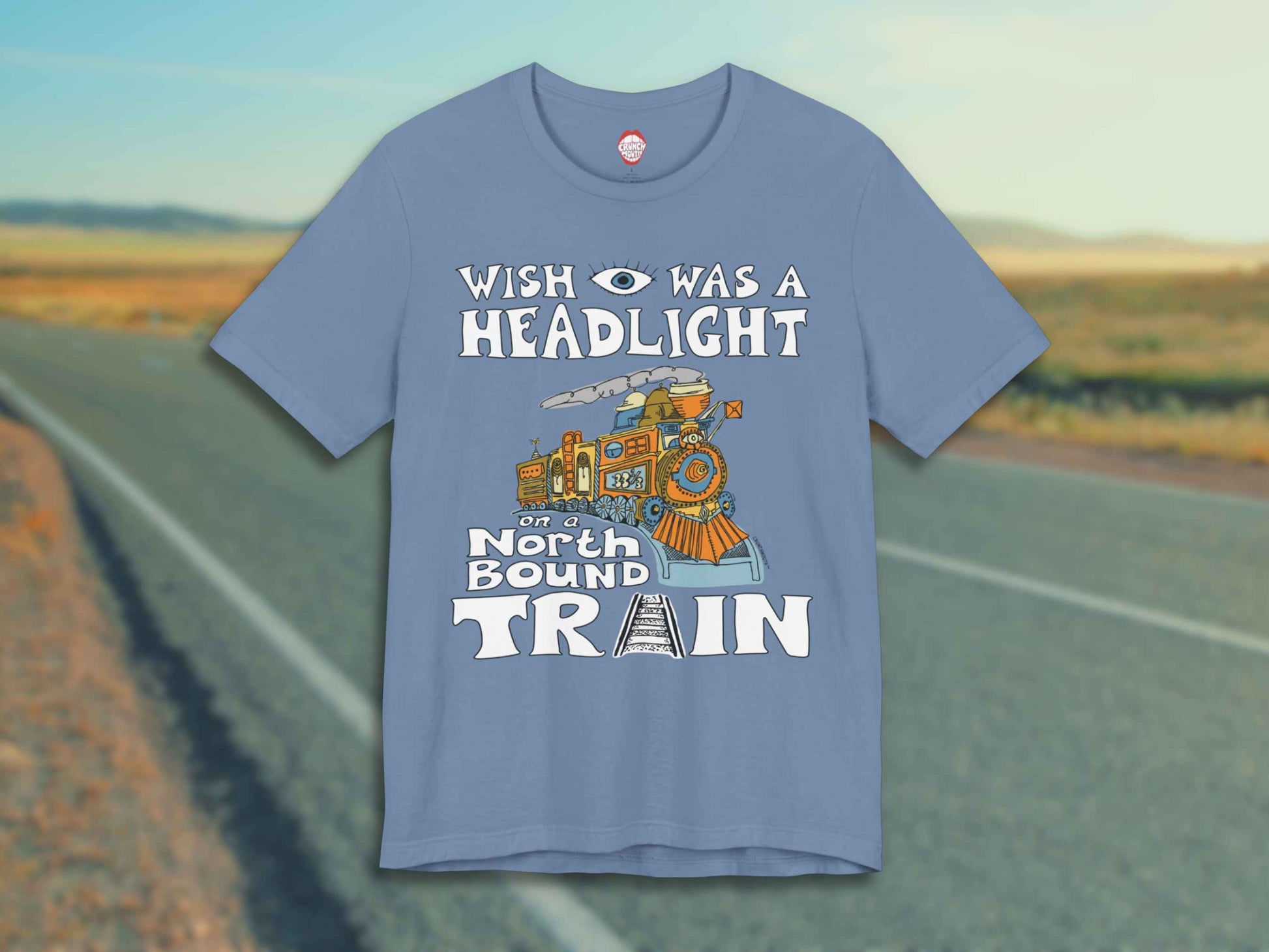 wish i was a headlight on a northbound train tee, front, open road highway background