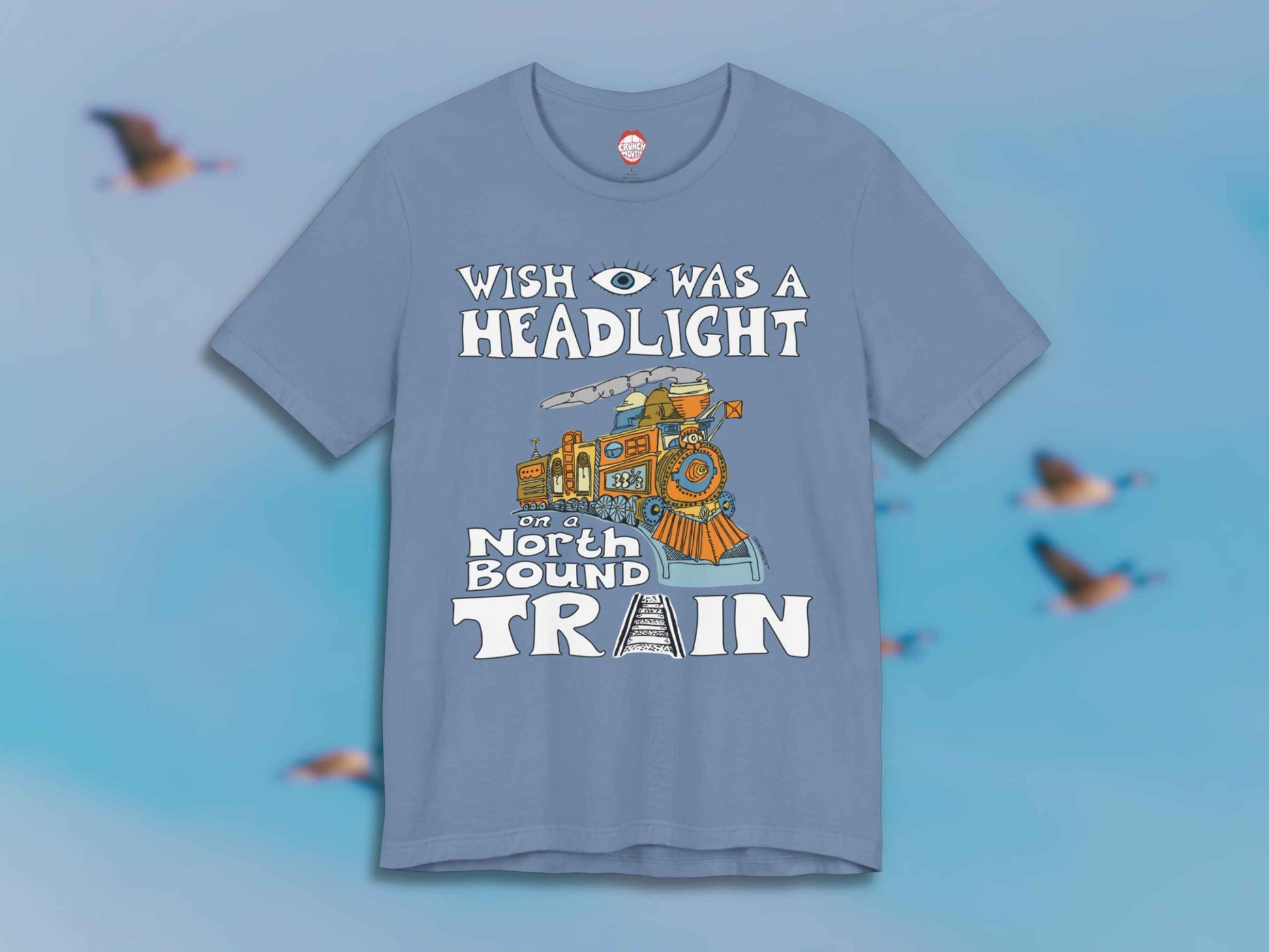 wish i was a headlight on a northbound train tee, front, wild geese in the west background