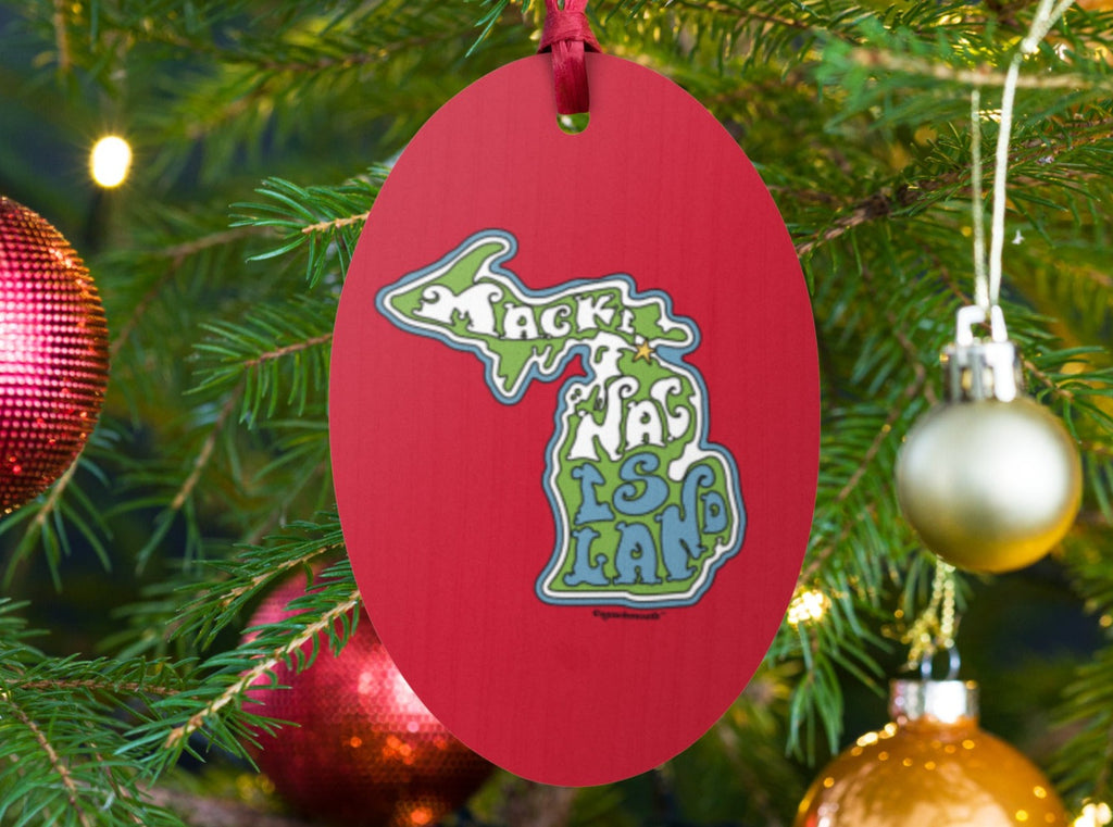 mackinac island michigan Christmas ornament, front, Christmas tree background