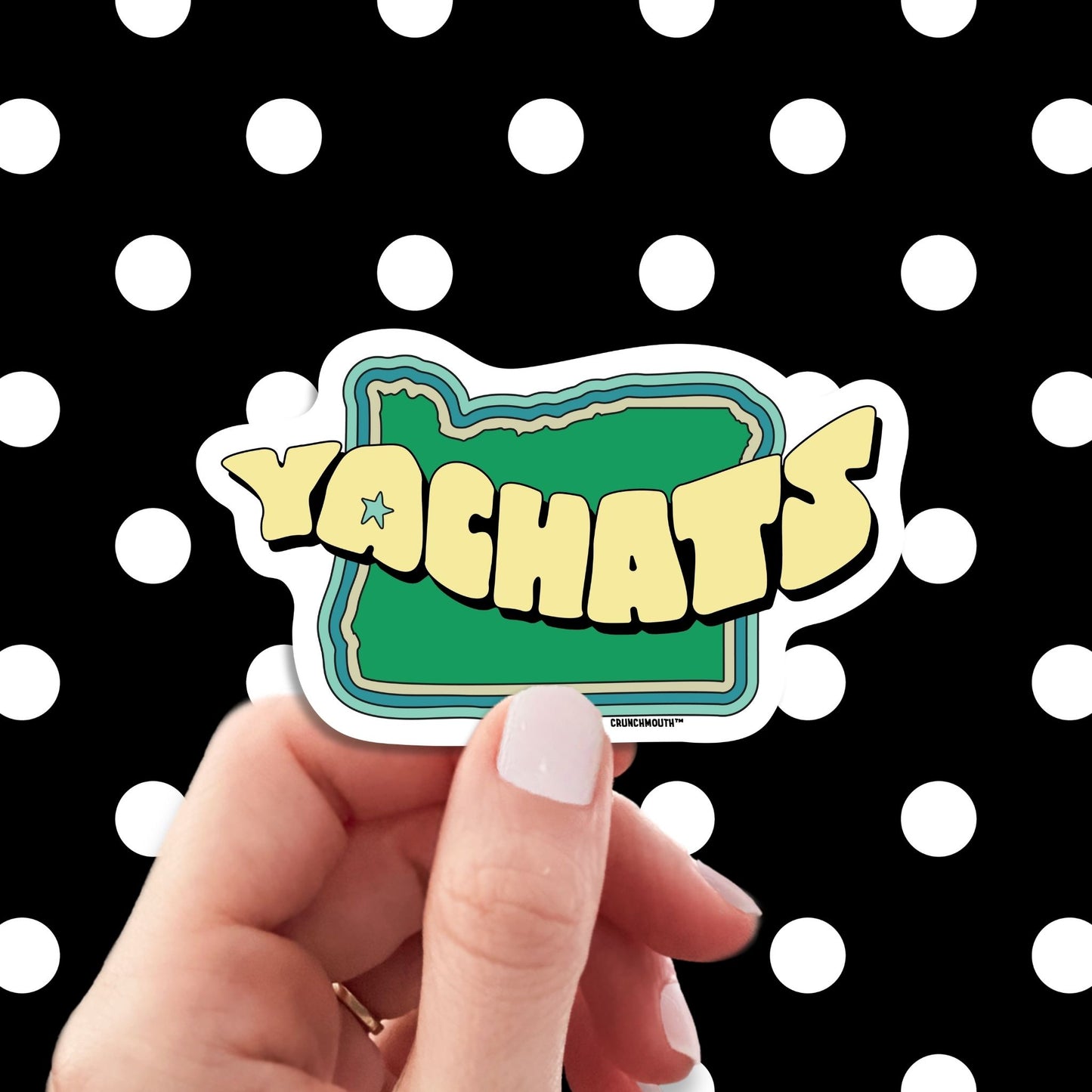 yachats travel luggage sticker, hand display, polka dots pattern design background