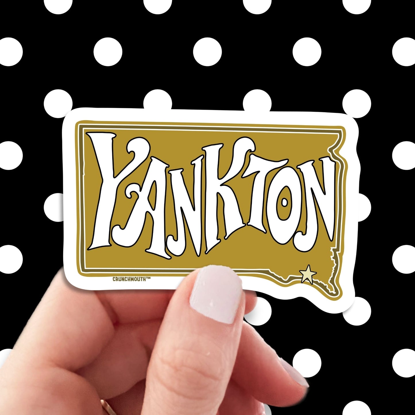 Yankton south dakota travel luggage sticker, hand display, polka dots pattern design background