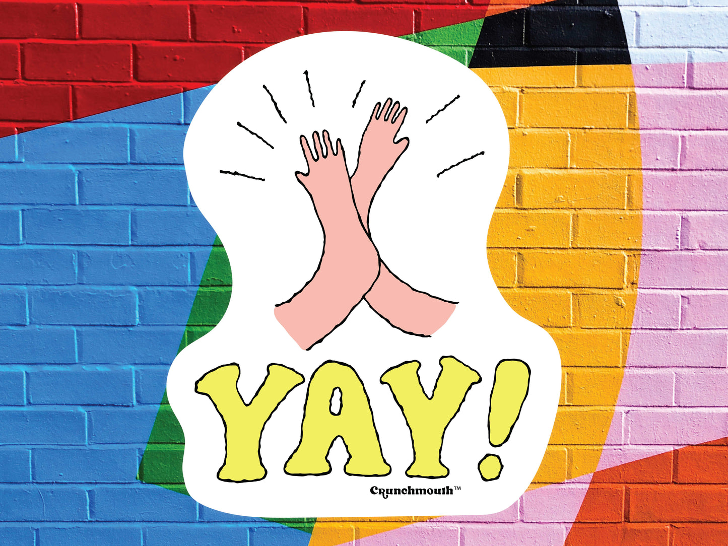 high five yay sticker, vibrant color brick background