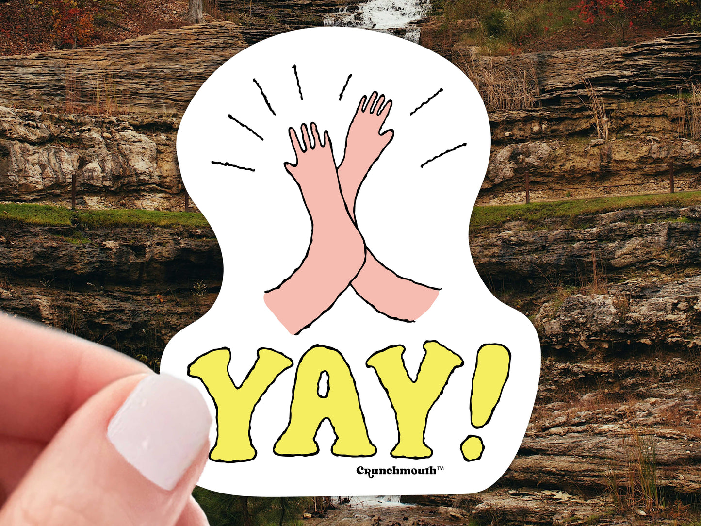yay! high five sticker, hand display, mountain stream background