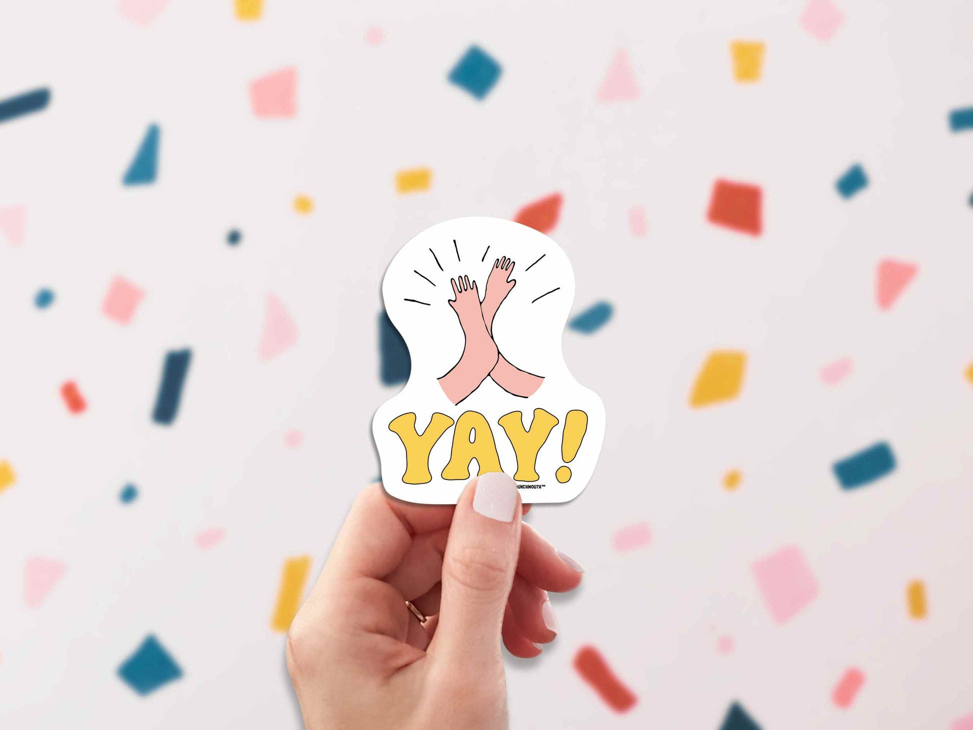 high five yay sticker, hand display, colorful confetti background