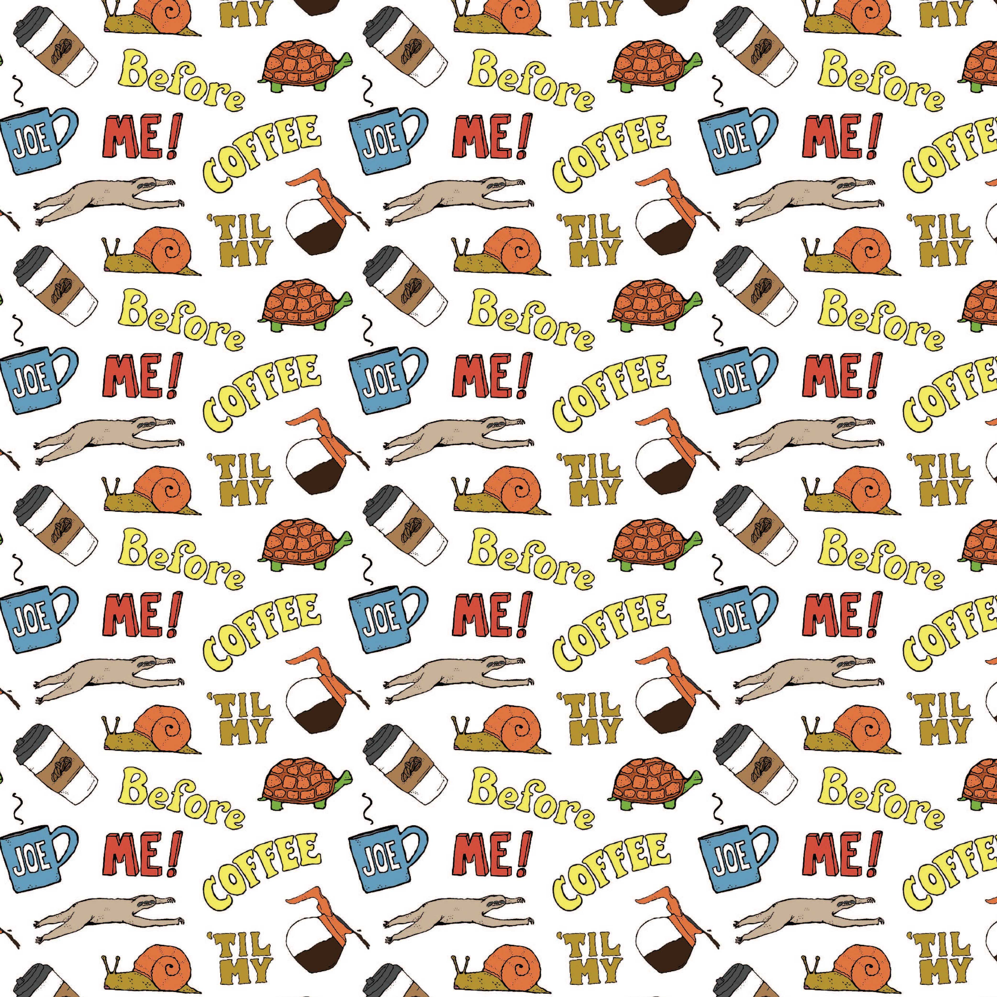 me before coffee seamless pattern featuring cartoon sloth, turtle, snail