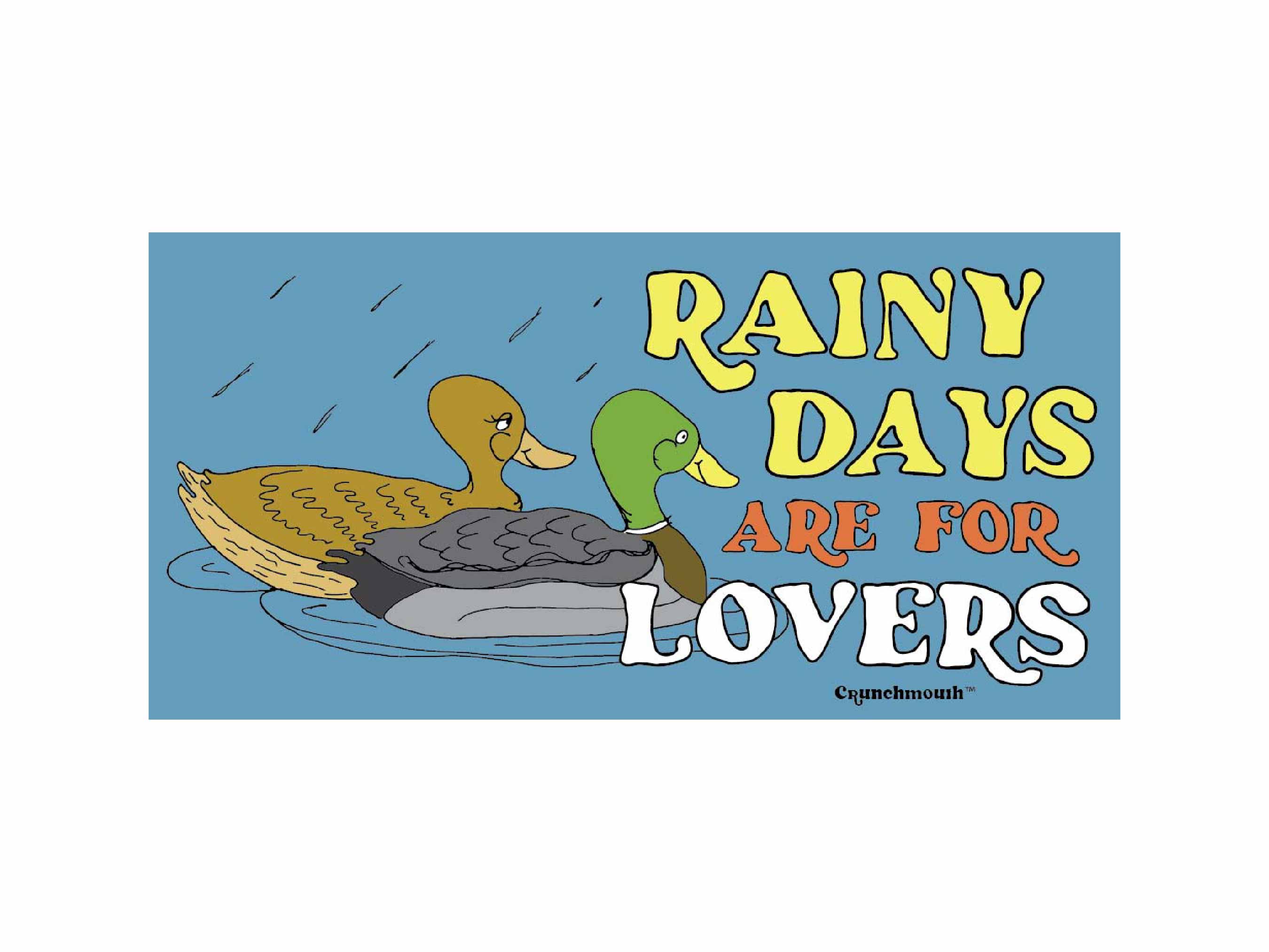 rainy days are for lovers retro style bumper sticker featuring cartoon image of mallard ducks