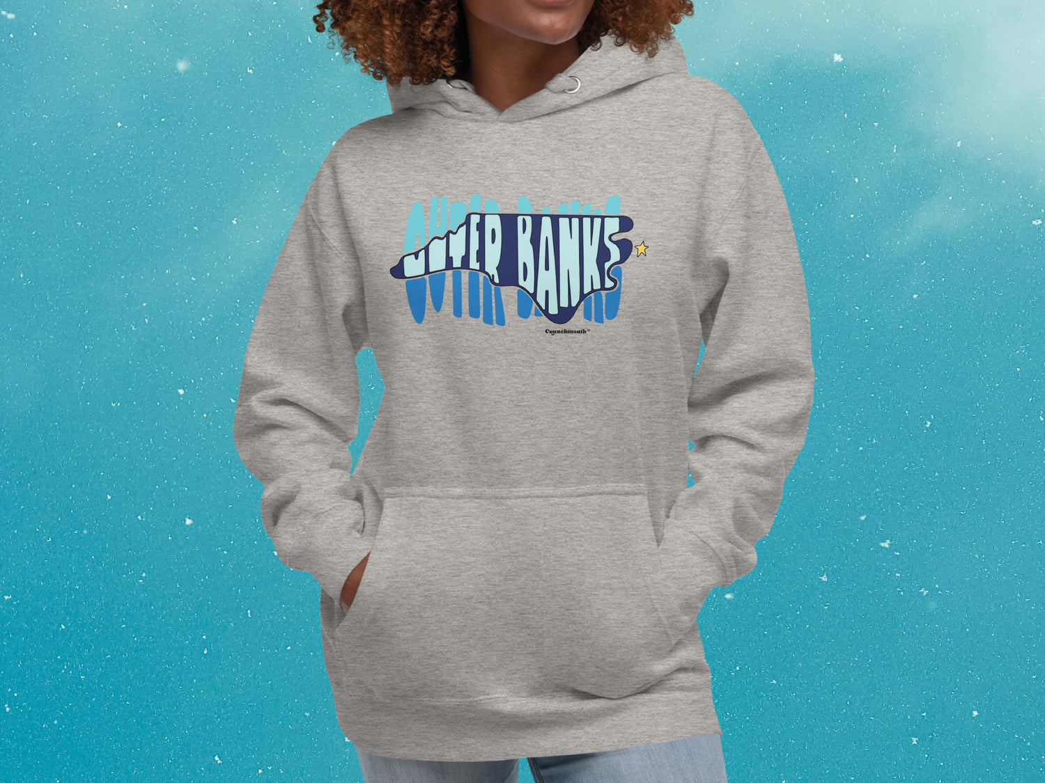 cool hoodies, obx hoodie, front, female model, blue sky background