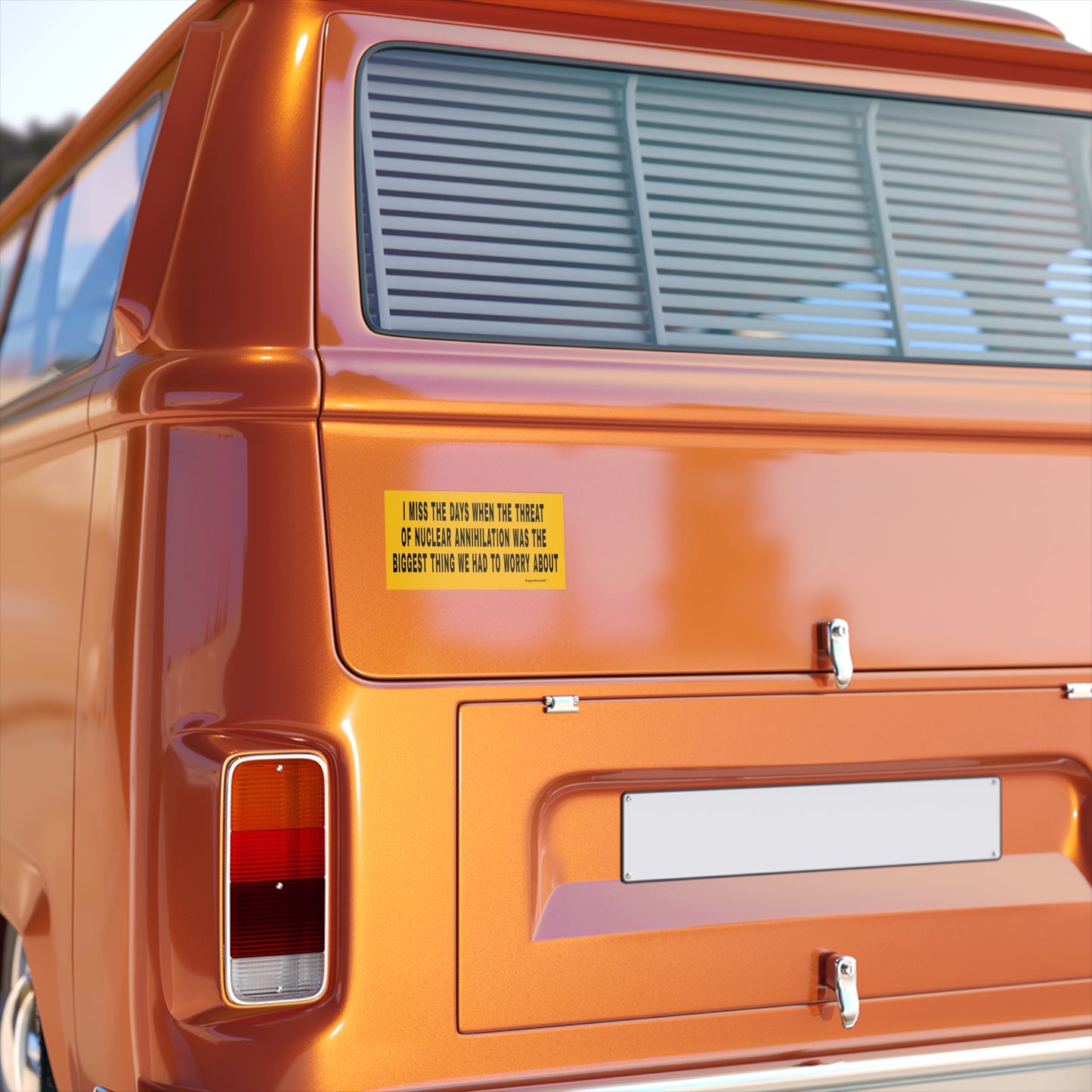 nuclear annihilation bumper sticker displayed on back of camper van