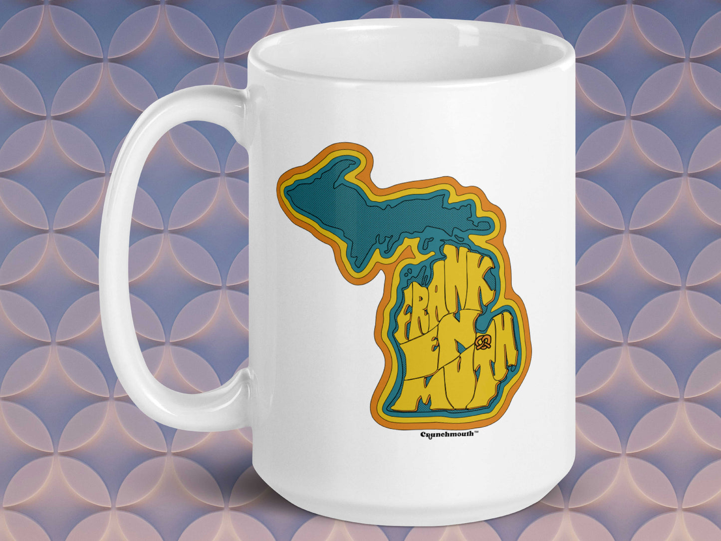 frankenmuth coffee mug, 15oz, handle on left, geometric pattern background