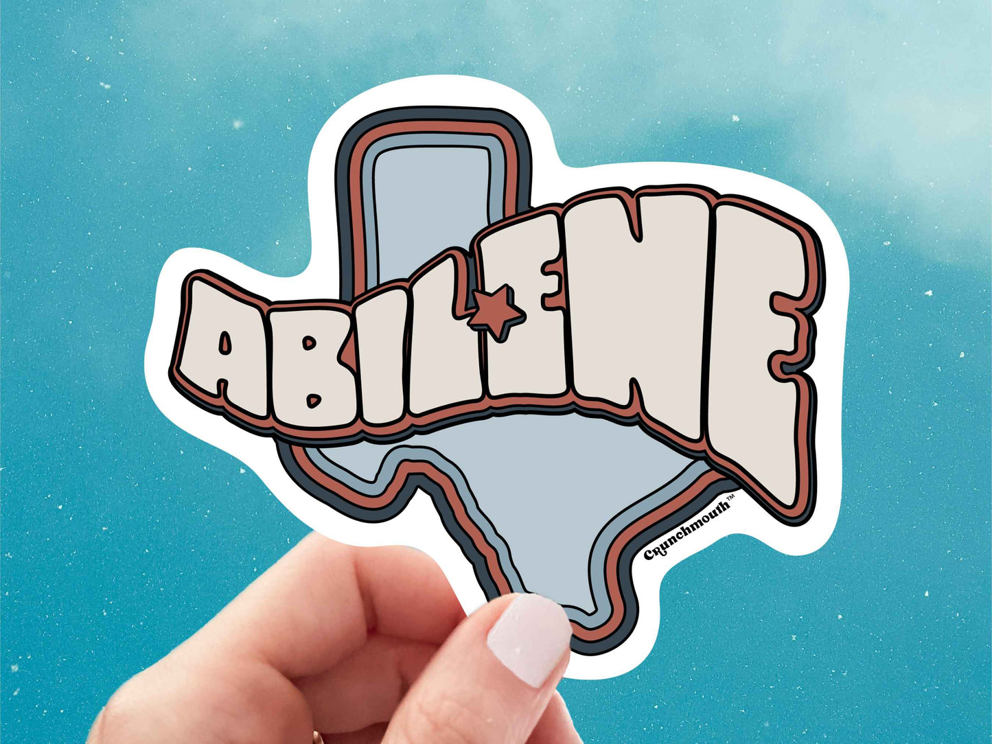 abilene sticker, travel stickers, hand display, blue sky background