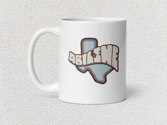 abilene coffee mug, 11oz, handle on left, white textured background